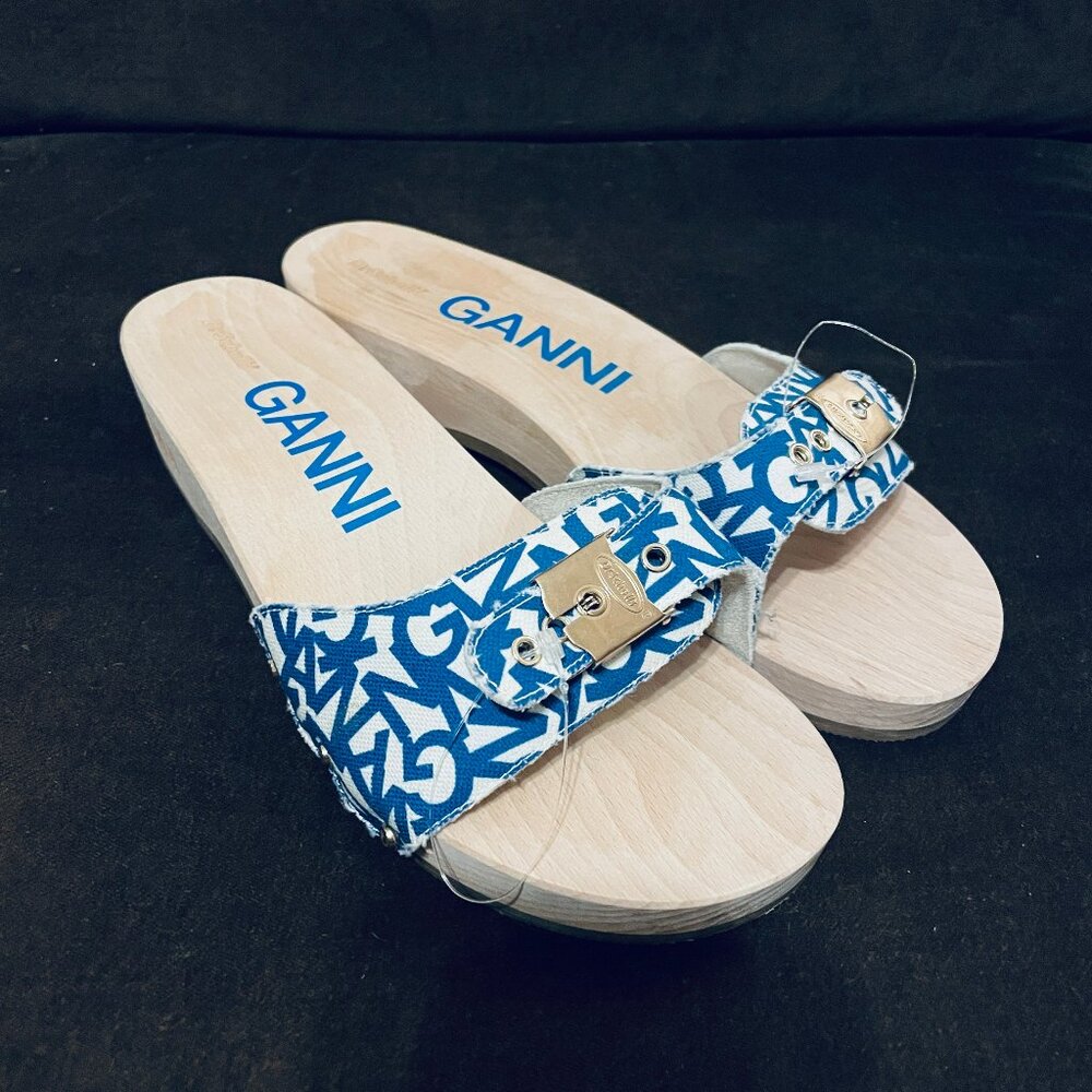 NEW GANNI Dr. Scholls Wooden Clog with Graphic Logo Navy White 9 US womens